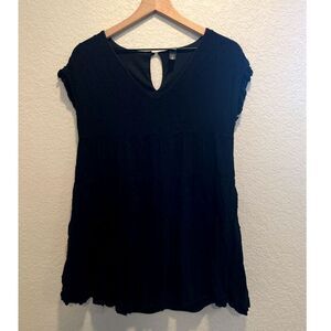 Alya Black Swiss  Short Sleeve Tiered Mini Dress Small